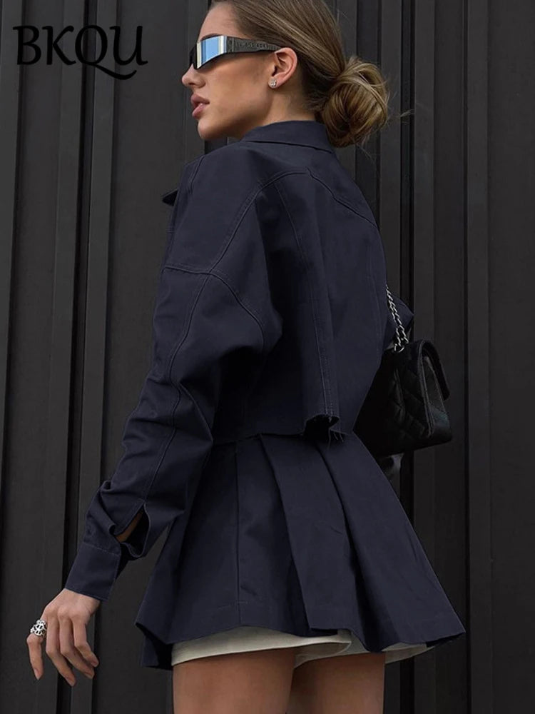 BKQU Fashion Women's Suit 2024 Elegant Lapel Long Sleeve Button Short Jacket Mini Pleated Skirts 2 Piece Outfit High Streetwear