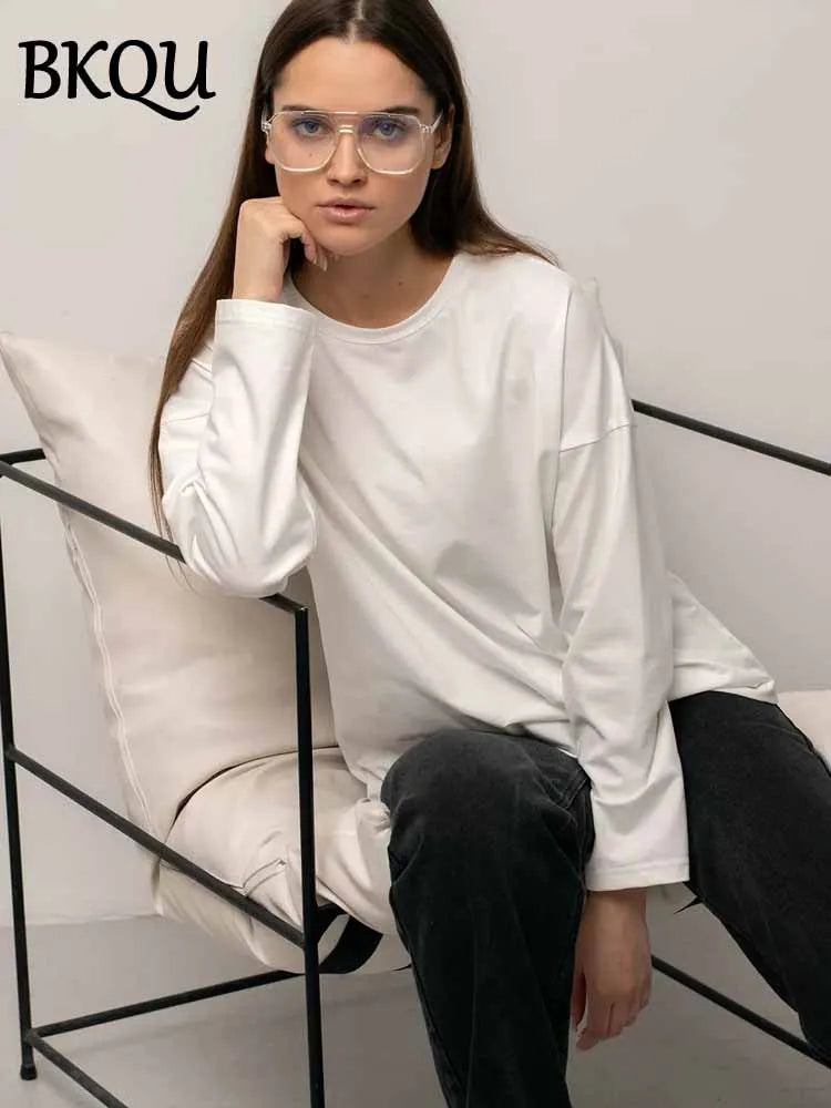 BKQU Solid Color Long Sleeve T Shirt Women Oversized Basic O-neck Cotton Tops Female Casual Soft Loose Pullover Tshirt 13 Colors