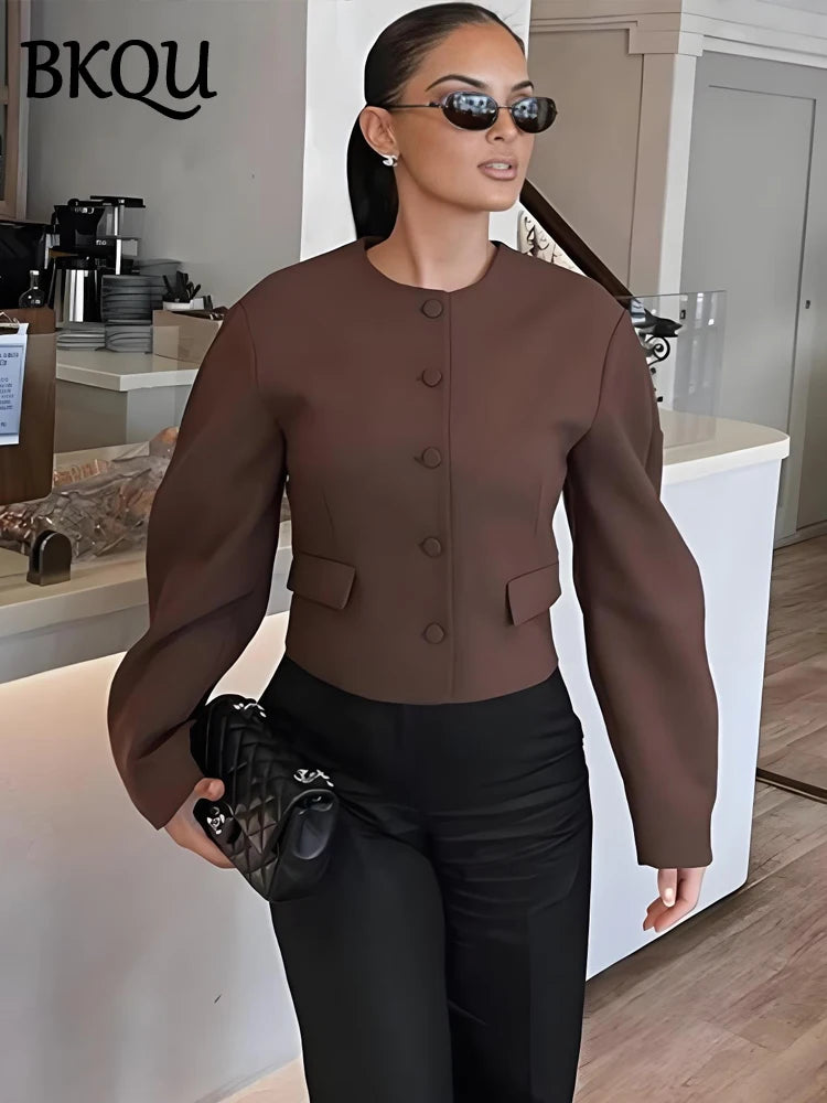 BKQU Elegant Women's O-neck Coat Skirts 2-piece Set Commute Single Breasted Jacket Lady Suit Chic A-Line Women's Mini Skirt Set