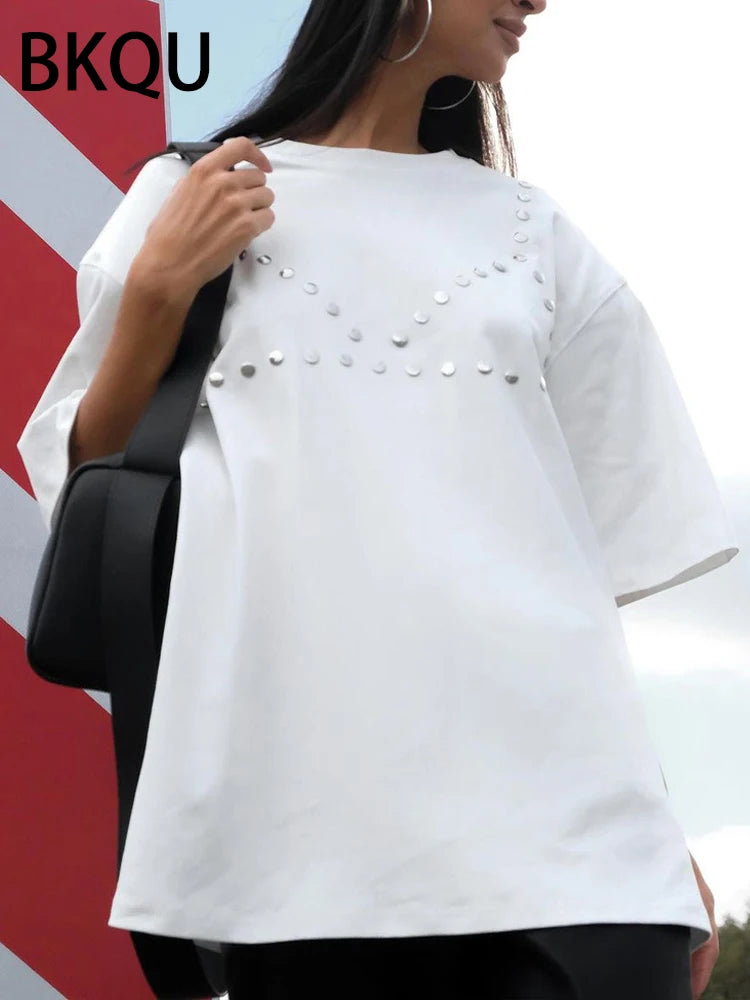 BKQU Solid Black Oversized T shirts Women 2000s American Rhinestone Letter Short Sleeve Loose Tees Shirt Luxury Higt Street Tops