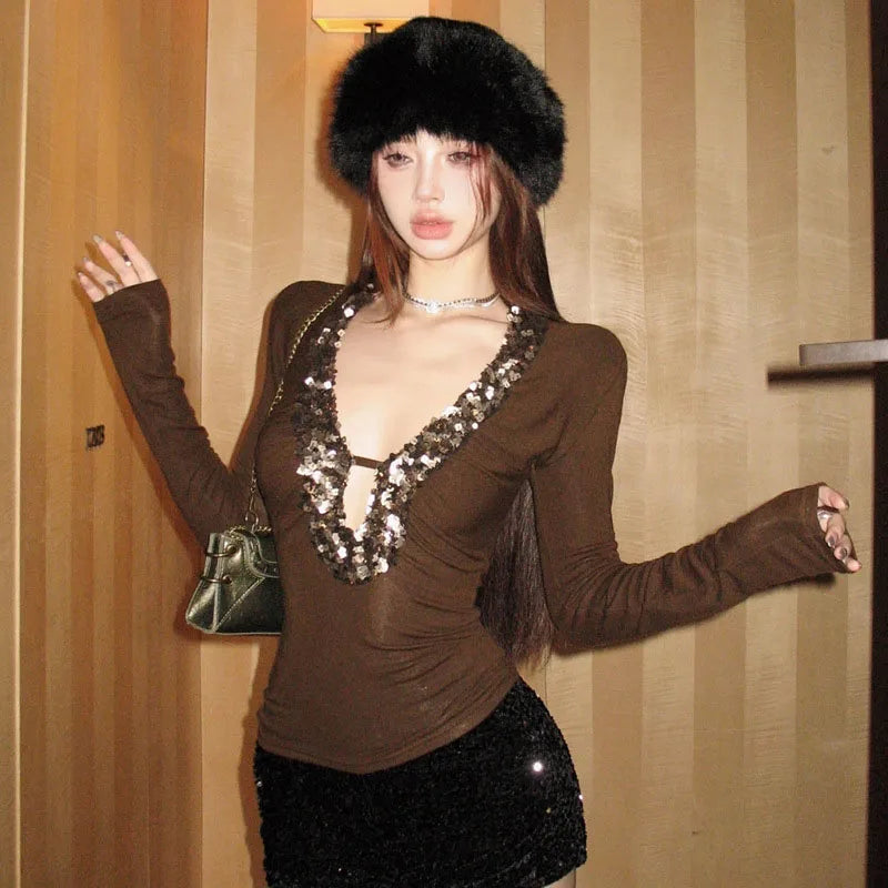 BKQU V-neck Hollow Out Sequins Patchwork Sexy T-Shirt Women Long Sleeve Ruched Bodycon Y2k Aesthetic Crop Top Korean Streetwear