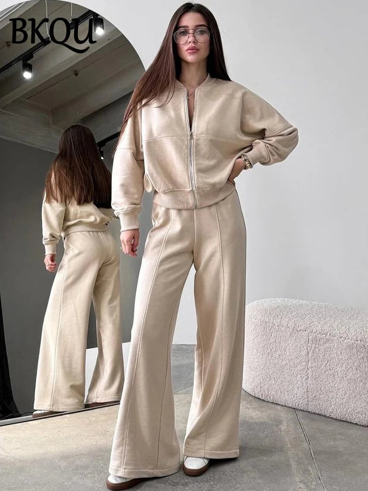 BKQU Bomber Jacket Pants Women Two Pieces Set Casual Long Sleeve Zipper Sweatshirt+Lace-up Trousers Suit Chic Autumn Sportwear