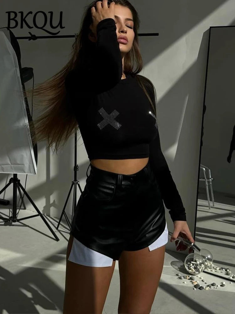 BKQU Graphic Rhinestone Long Sleeve Crop Tops Women Black O-neck Elastic Skinny Diamond T Shirts Y2k Chic Streetwear Tees 2024