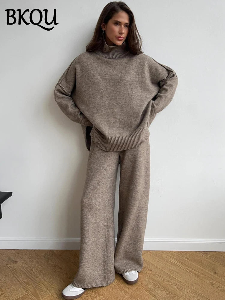 BKQU Casual Knit Two Piece Sets Women Split Turtleneck Long Sleeve Sweater Wide Legs Pants Suit Female Loose Winter Loungewear
