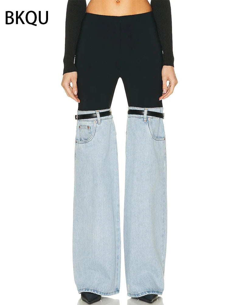BKQU Patchwork Women's Jeans High Waist Straight Denim Long Wide Leg Jeans Fashion Chic Elastic Waist Streetwear Denim Pants Y2K