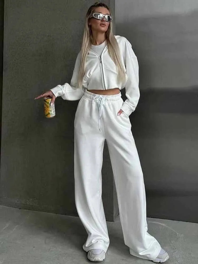 BKQU Casual Hoodies Tracksuit Women Pants 2 Piece Set Long Sleeve Zipper Sweatshirt Loose Drawstring Jogger Trouser Sports Suit