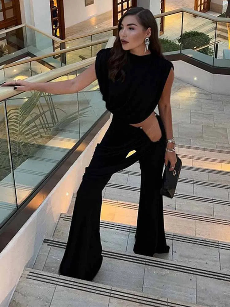 BKQU Ruched 2 Piece Set Women Chic Irregular Sleeveless Crop Tops Low Waist Hollow Skirts Pants Matching Set Elegant Streetwear