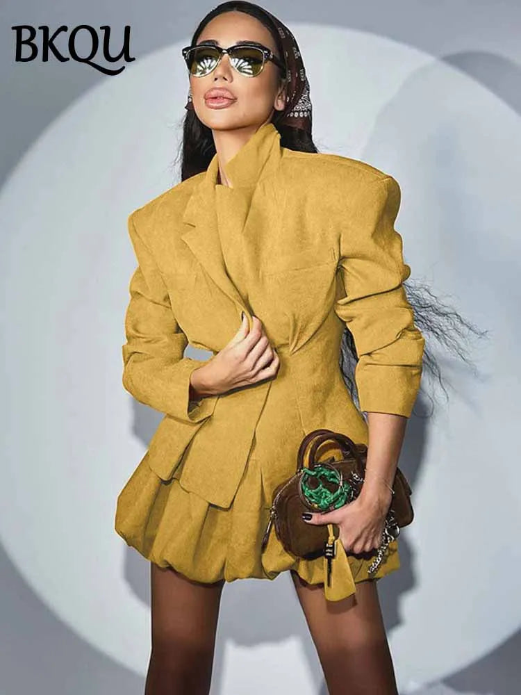 BKQU Elegant Slim Blazer Skirts Set Women 2 Pieces Long Sleeve One Button Coat High Waist Pleated Mini Skirt Sets Fashion 2025