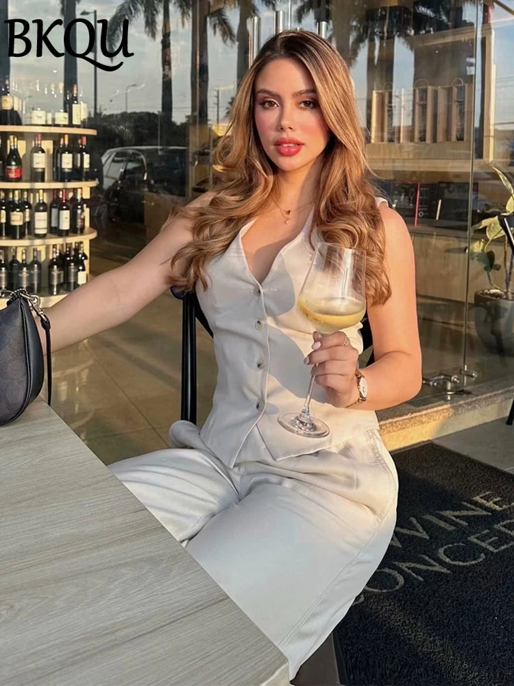 BKQU Linen Cotton Waistcoat ＆ Pants Set Women Single Breasted Sleeveless Vest and Wide Leg Pants Office Lady Casual 2 Pieces Set