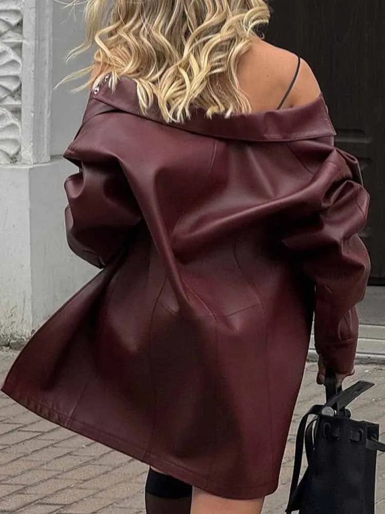 BKQU Street Leather Women 2 Piece Set Elegant Long Sleeve Button Shirt Coat Spaghetti Strap Mini Dress PU Female Suits Wine Red