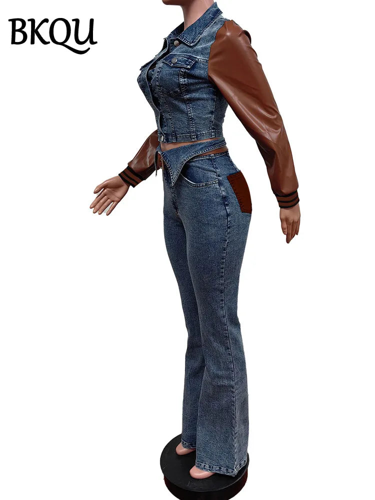 BKQU Leather Patchwork Stretch Denim Jacket Pants 2 Piece Set Women Trendy Buttons Crop Top High Waist Flare Jeans Suits 2025