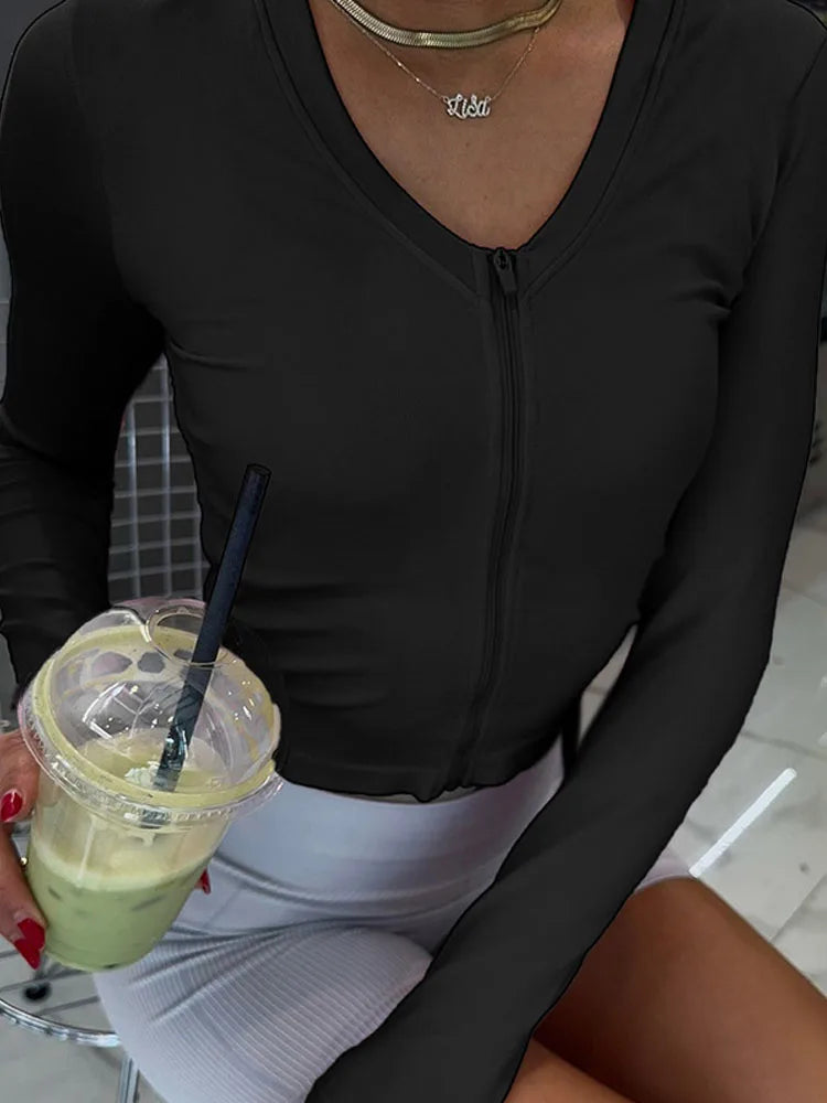 BKQU Casual V-Neck Zipper Long Sleeve T-shirt Women Solid Y2k Drawstring Lace Up Bodycon Sexy Crop Tops Fashion Basic Streetwear