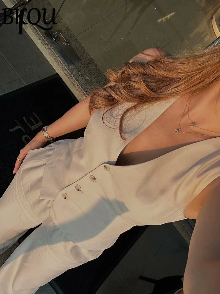 BKQU Linen Cotton Waistcoat ＆ Pants Set Women Single Breasted Sleeveless Vest and Wide Leg Pants Office Lady Casual 2 Pieces Set