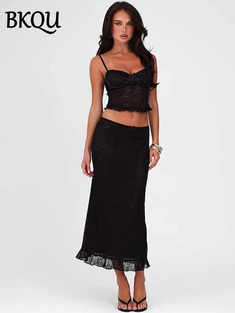 BKQU Ruffles Sexy Lace Skirt Two Piece Set Women Spaghetti Strap See Through Crop Tops And Long Skirts Matching Suit 2025 Summer