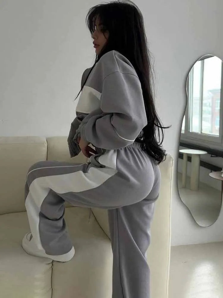 BKQU Contrast-color Women Tracksuits Fashion Two Pieces Zipper Sweatshirt Jacket Pants Sets 2025 New Loose Casual Sporty Outfits