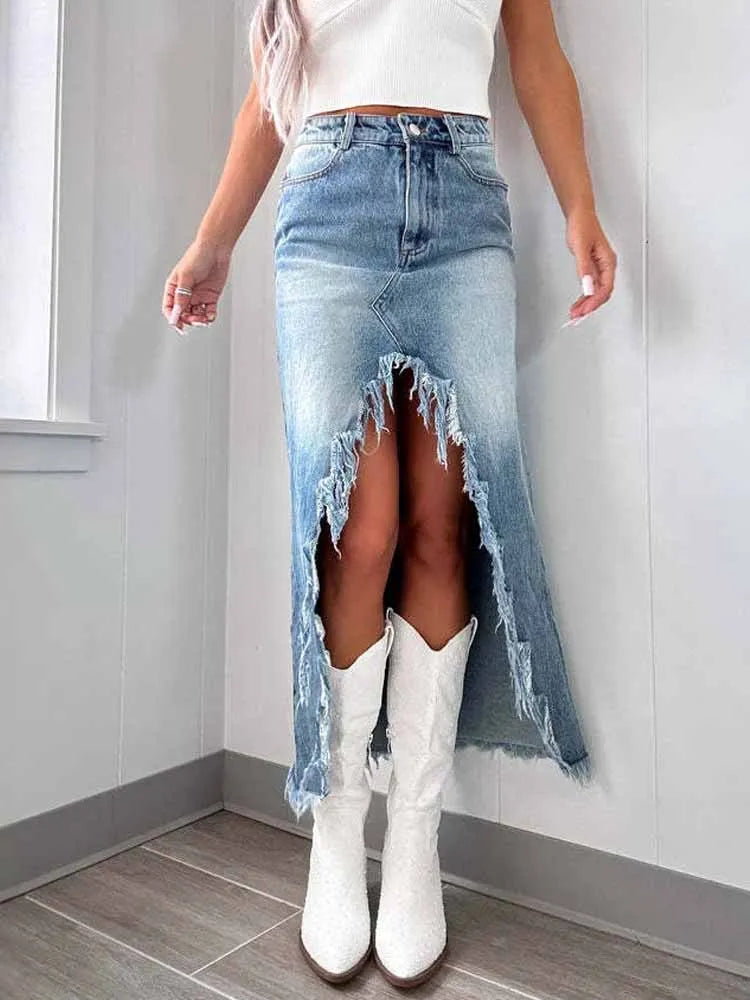 BKQU Irregular Tassels Denim Skirt Women Y2k High Waist Sexy Split Long Skirts 2025 Vintage Streetwear Female Jean Maxi Skirts