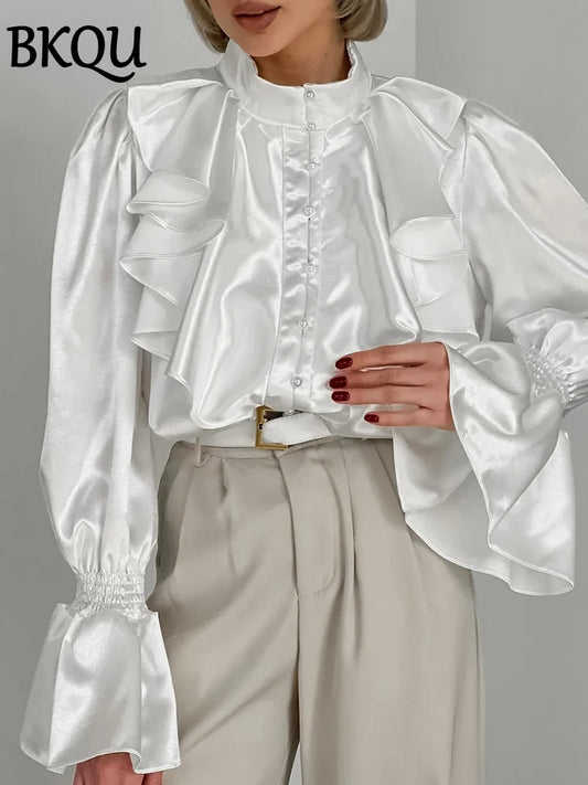 BKQU Satin Woman Ruffles Shirts Elegant Flare Long Sleeves Stand Collar Beading Loose Blouse Office Lady Casual Shirts Tops 2024