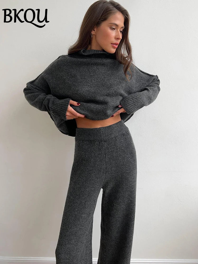 BKQU Turtleneck Sweater Knitted Pants Suits Women Autumn Winter Loose Casual Split Top And Wide Leg Trousers Warm Two Piece Set