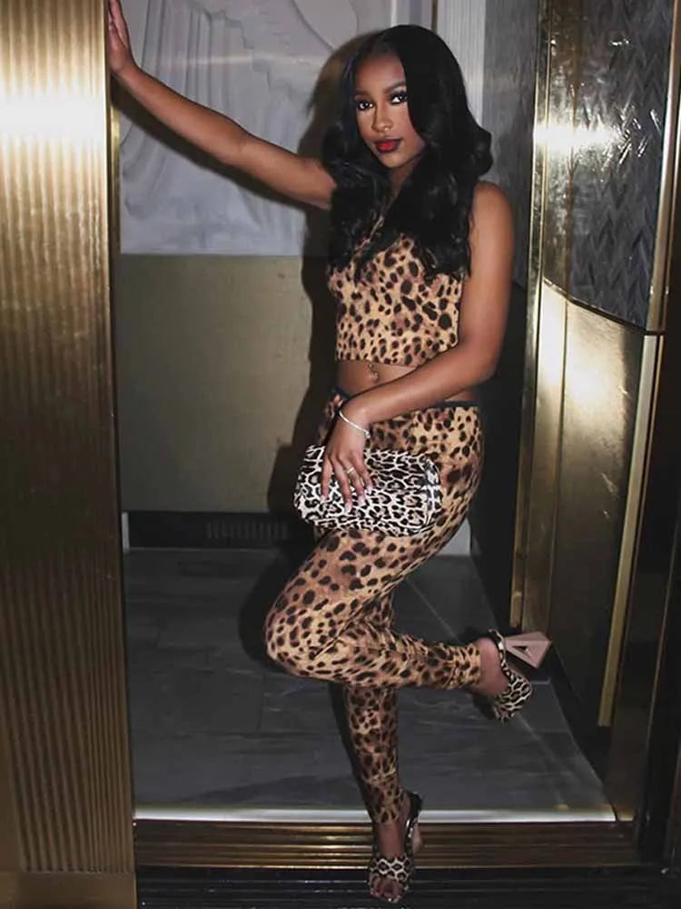 BKQU Leopard Print Casual 2 Piece Set Women Sporty Camisole Vest High Waist Leggings Pants Matching Stretch Tracksuits Outfits