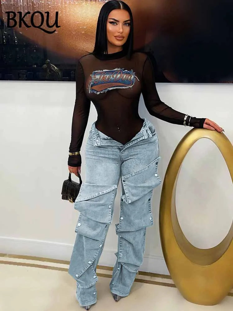 BKQU Cargo Detachable Buttons Straight Denim Pants Women Fashion Retro High Waist Streetwear Elastic Wide Leg Jeans Trouser 2025