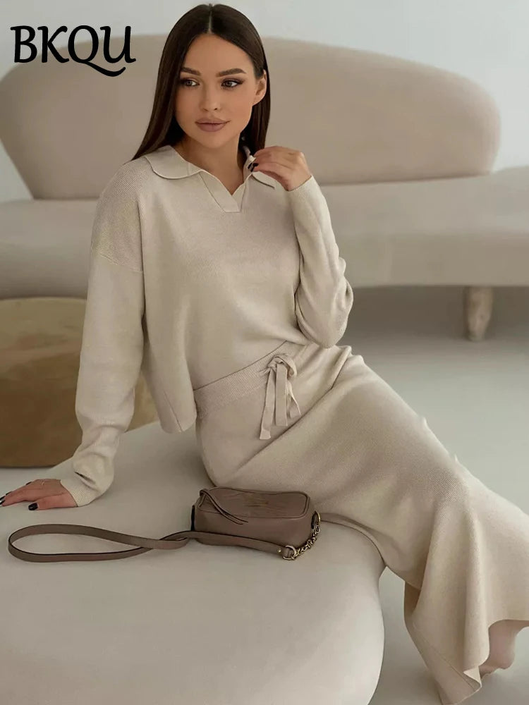 BKQU Lace-Up Knitted Skirt Two Piece Sets Women Elegant Long Sleeve Lapel Sweater+Split Midi Skirt Winter Lady Chic Warm Outfits