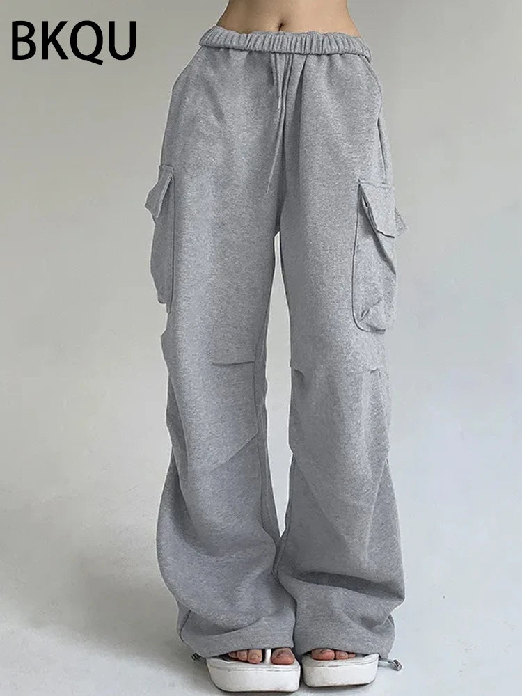 BKQU Gray Knit Pockets Cargo Pants Women 2023 Autumn High Waist Straight Wide Leg Sweatpants Casual Drawstring Joggers Trousers