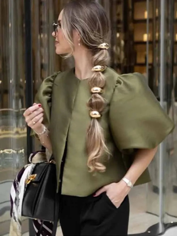 BKQU Elegant Satin Puffy Short Sleeve Shirts Women Solid Loose O-neck Single Breasted Blouses Female 2025 Chic Streetwear Tops