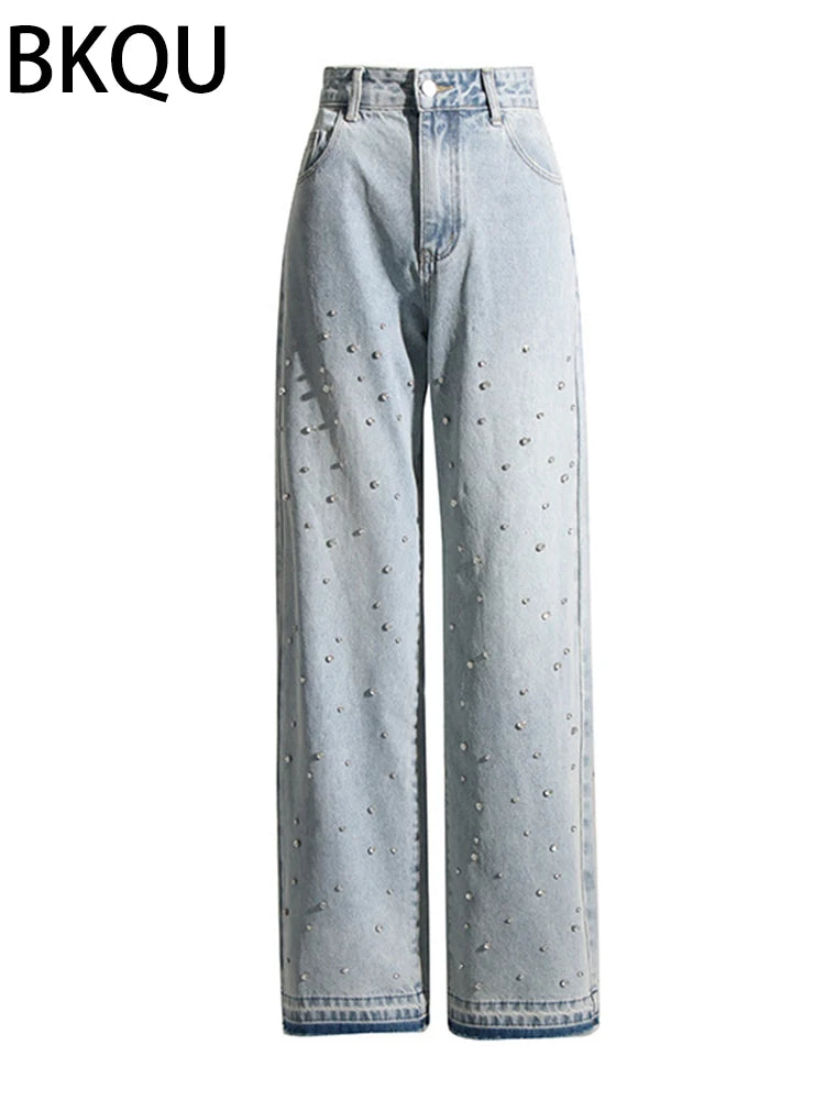 BKQU Straight Baggy Jeans Women High Waist Wide Leg Rhinestones Denim Long Pants 2023 Fashion Streetwear Diamonds Shinny Trouser