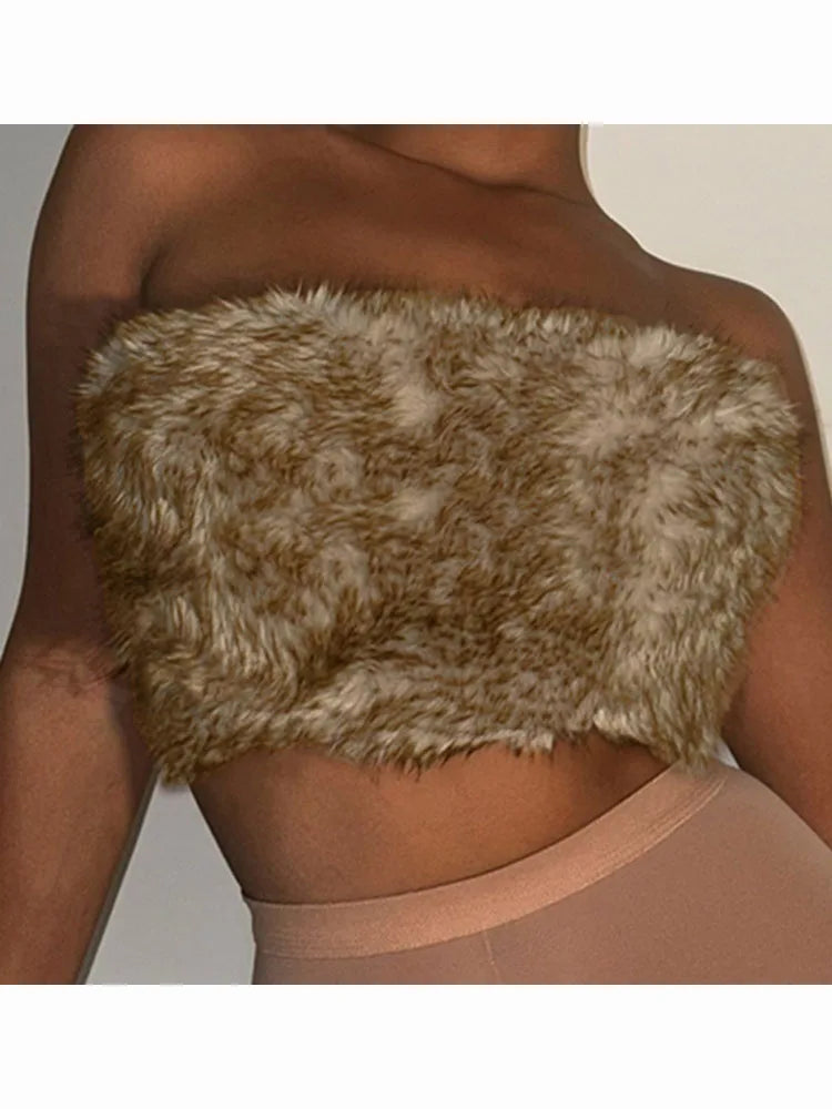 BKQU Faux Fur 3 Piece Skirt Set Women Hooded Crop Coat+Strapless Vest+Mini Skirt Outfit Midnight Party Y2K Furry Warm Streetwear