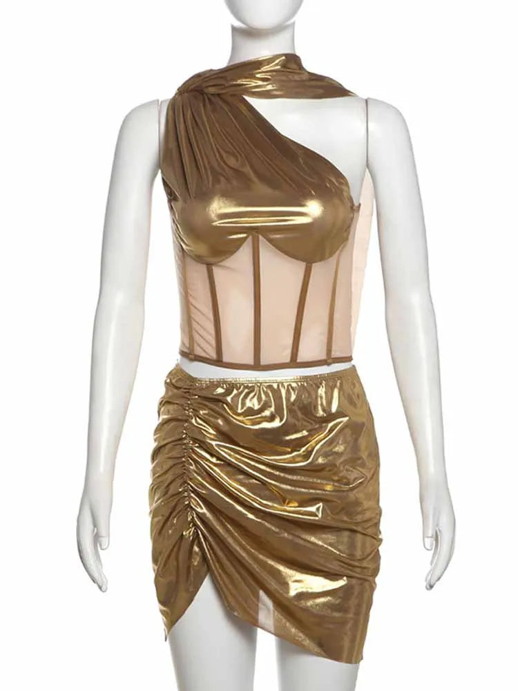 BKQU Mesh Patchwork Sexy 2 Piece Set Women Chic One Shoulder Scarf Tank Tops+Ruched Mini Skirts 2025 Summer Party Club Outfits