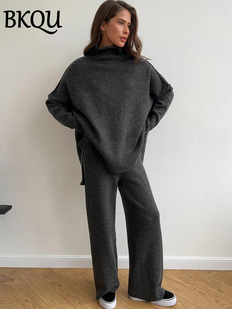 BKQU Knitted 2 Piece Sets Women Turtleneck Sweater and Wide Leg Pants Outfits Autumn Winter Casual Office Ladies Homewear 2024