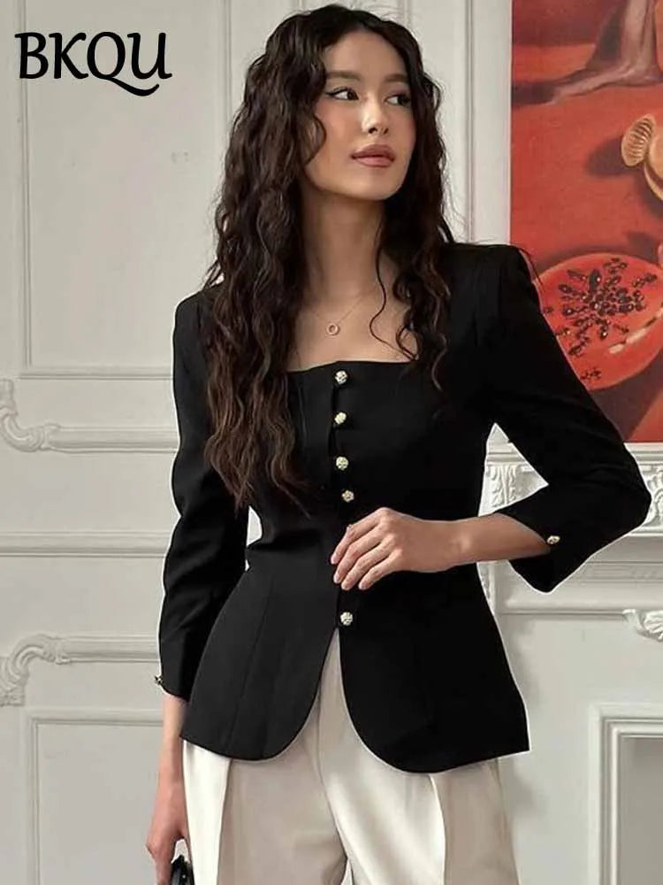 BKQU Elegant Square Neck Button Shirts Women Long Sleeve Classic Solid Crop Top Spring 2025 Female Cardigan Slim Commute Outwear