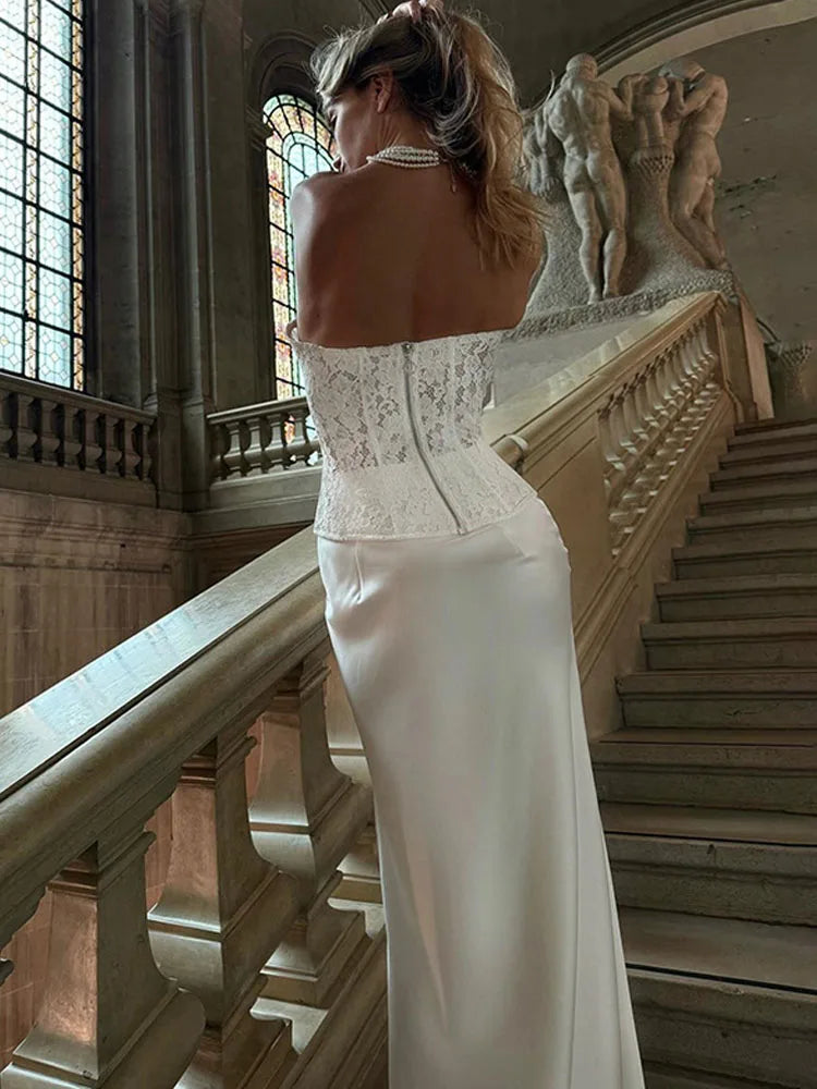 BKQU Elegant Ladies Two Piece Set White Lace Corset Tube Vest High Waist Satin Maxi Skirt Suits 2025 Luxury Party Womens Outfits