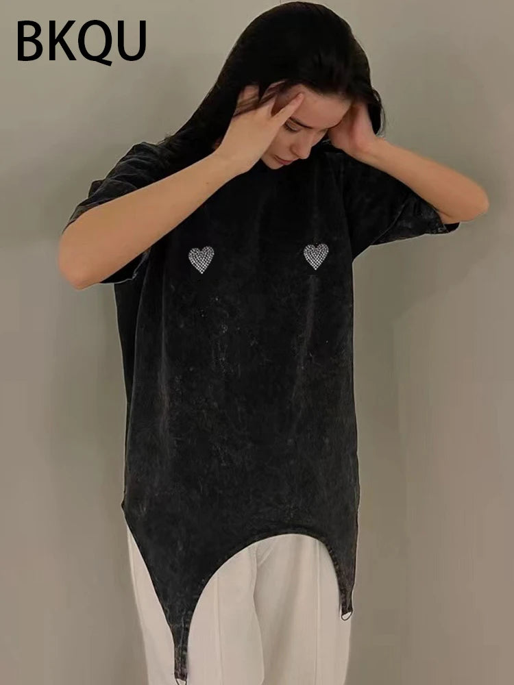BKQU Irregular Fashion Rhinestone T-Shirts Women Oversized Short Sleeve Diamond Tees Pullovers Casual Loose Streetwear Top 2024