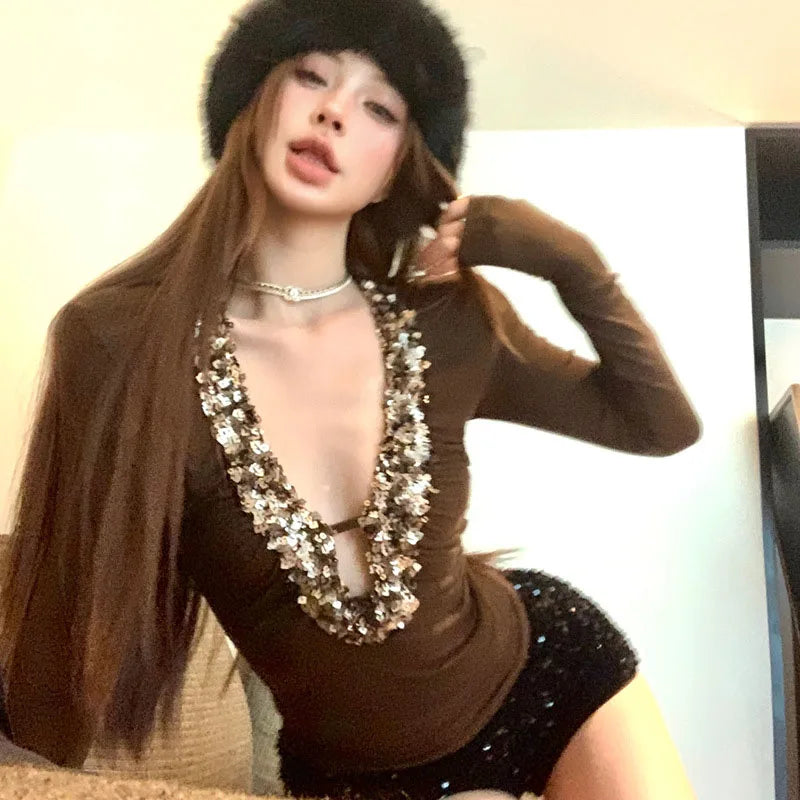 BKQU V-neck Hollow Out Sequins Patchwork Sexy T-Shirt Women Long Sleeve Ruched Bodycon Y2k Aesthetic Crop Top Korean Streetwear