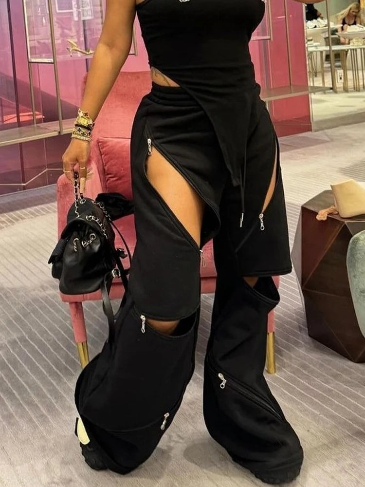 BKQU Women Sweatpants Fashion Zipper Adjust Hole Casual Baggy  Wide Leg Pants Streetwear Harajuku Drawstring Jogger Trouser 2024