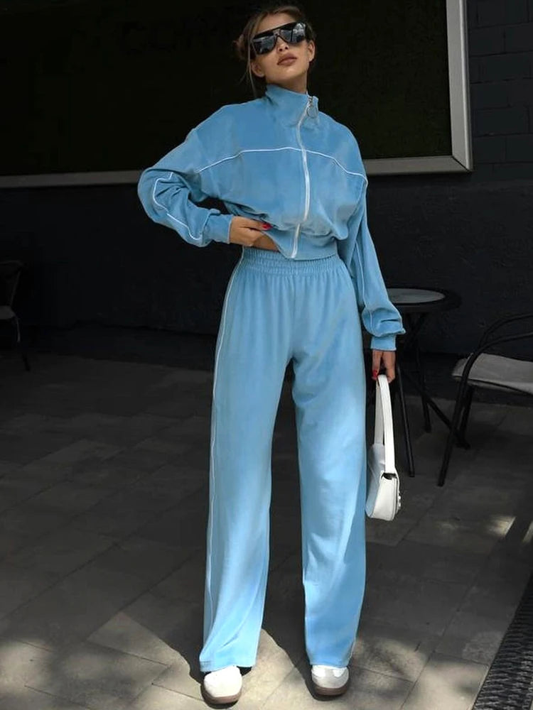 BKQU Zip Up Cropped Velvet Sweatshirts Pants Suits Women 2024 Autumn Winter Long Sleeve Tops Wide Leg Pants Y2k Casual Tracksuit
