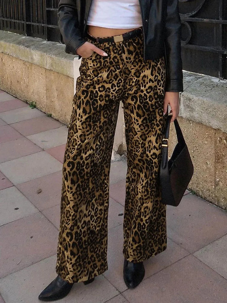 BKQU Leopard Print Wide Leg Pants Women Cotton Jeans Fashion High Waist Pocket Baggy Casual Straight Trousers Y2k Retro Street