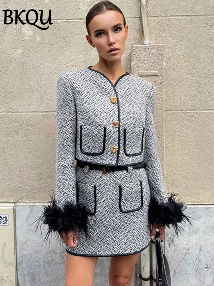 BKQU Tweed Jacket Mini Skirts Two Piece Set For Women Elegant V-neck Single Breasted Feather Sleeve Coat Female Chic Skirt Suits