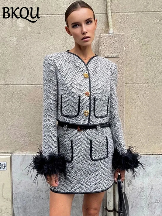BKQU Tweed Jacket Mini Skirts Two Piece Set For Women Elegant V-neck Single Breasted Feather Sleeve Coat Female Chic Skirt Suits
