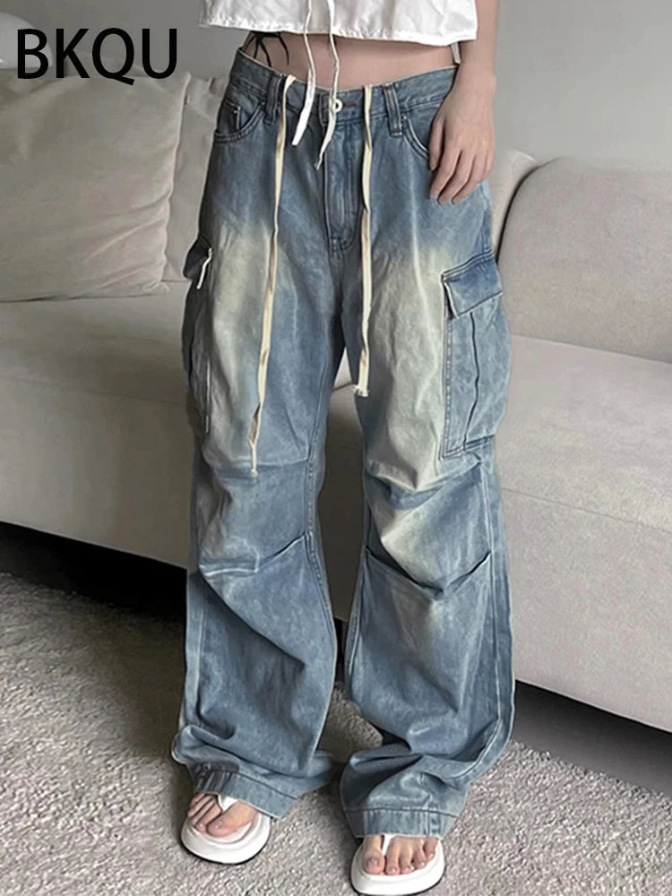 BKQU 2023 Baggy Wide Leg Cargo Pants Women Casual Oversized Pockets Low Waist Straight Jeans Streetwear Hippie Joggers Trousers