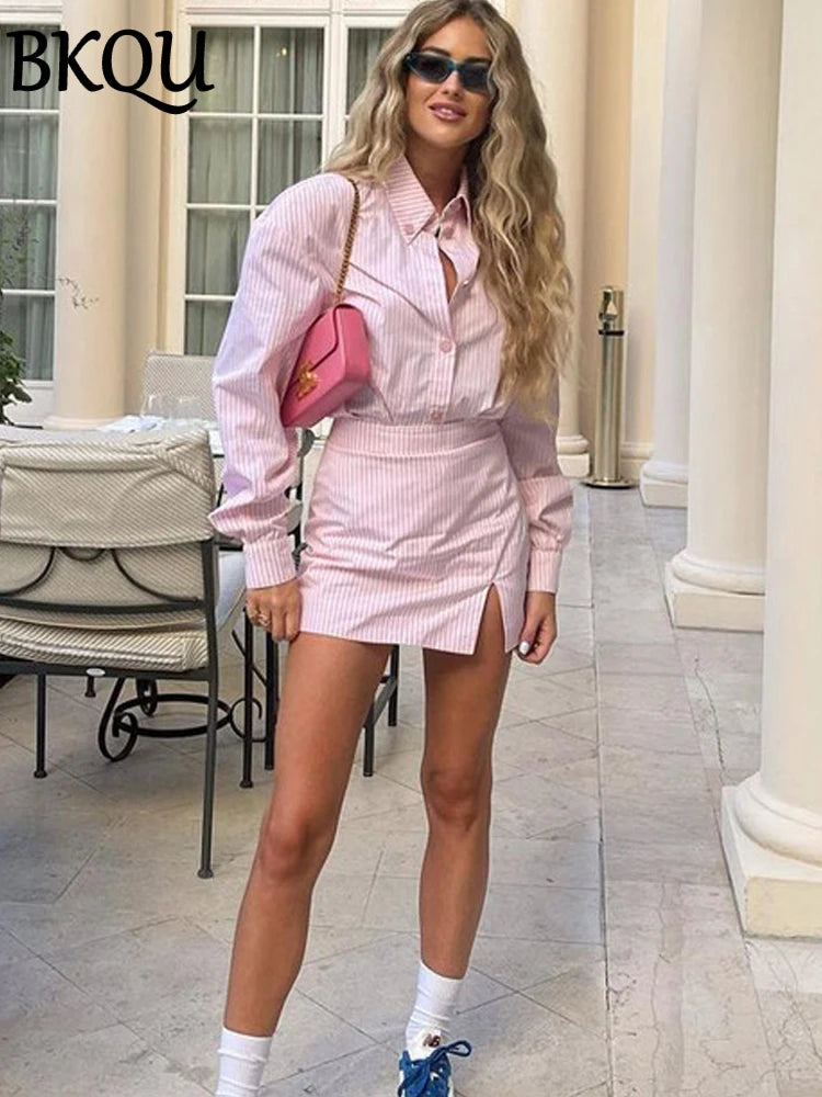 BKQU Fashion Stripe Print Skirt Two Piece Sets Women Office Long Sleeve Button Shirts With High Waist Mini Skirts Outfits Autumn
