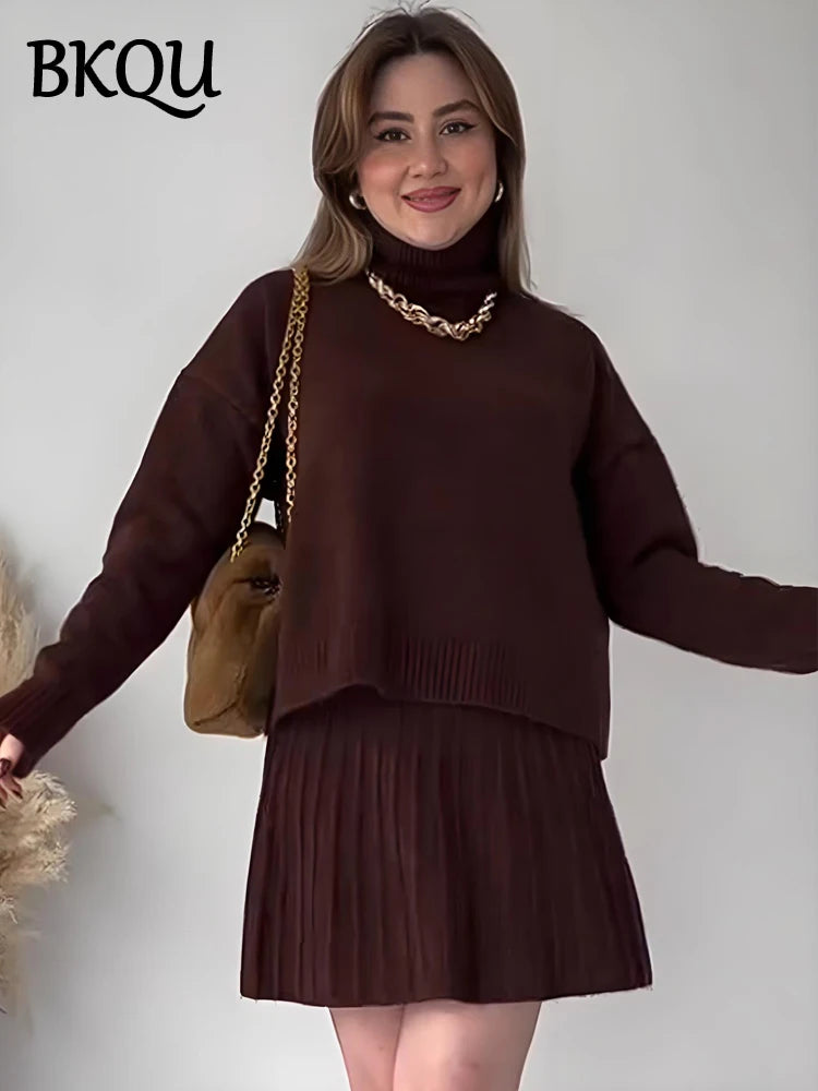 BKQU Elegant Pleated Mini Skirt 2-piece Set Women Fashion Loose Turtleneck Sweater Elastic High Waist A-Line Knitted Skirt Set