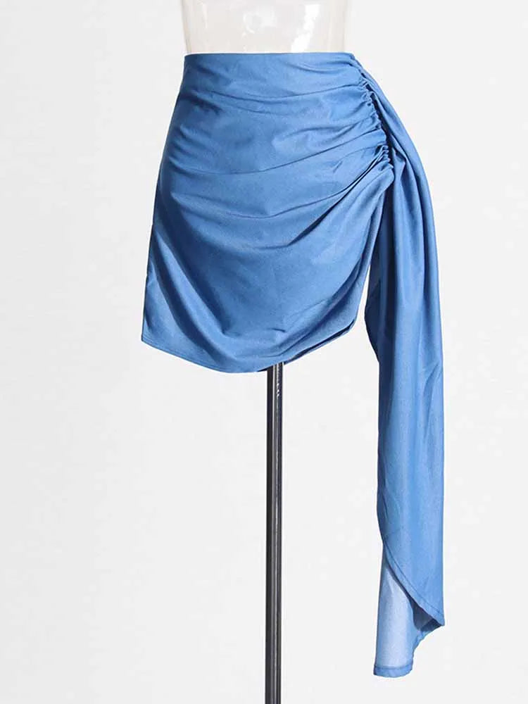 BKQU 2025 Fashion Two Piece Set Women Strapless Zipper Corset Tank Top High Waist Pleated Asymmetrical Skirt Female Sexy Outfits