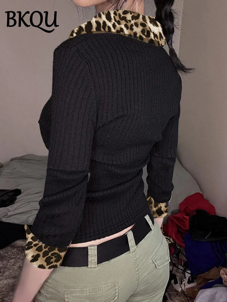 BKQU Leopard Patchwork V Neck Knitted Top Women Autumn Winter Long Sleeve Buttons Slim Crop T-shirt Aesthetic Y2k Streetwear