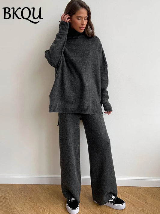 BKQU Knitted Sweater Two Piece Pants Set for Women Loose Warm Turtleneck Pullover and Straight Wide Leg Pants Matching Suit