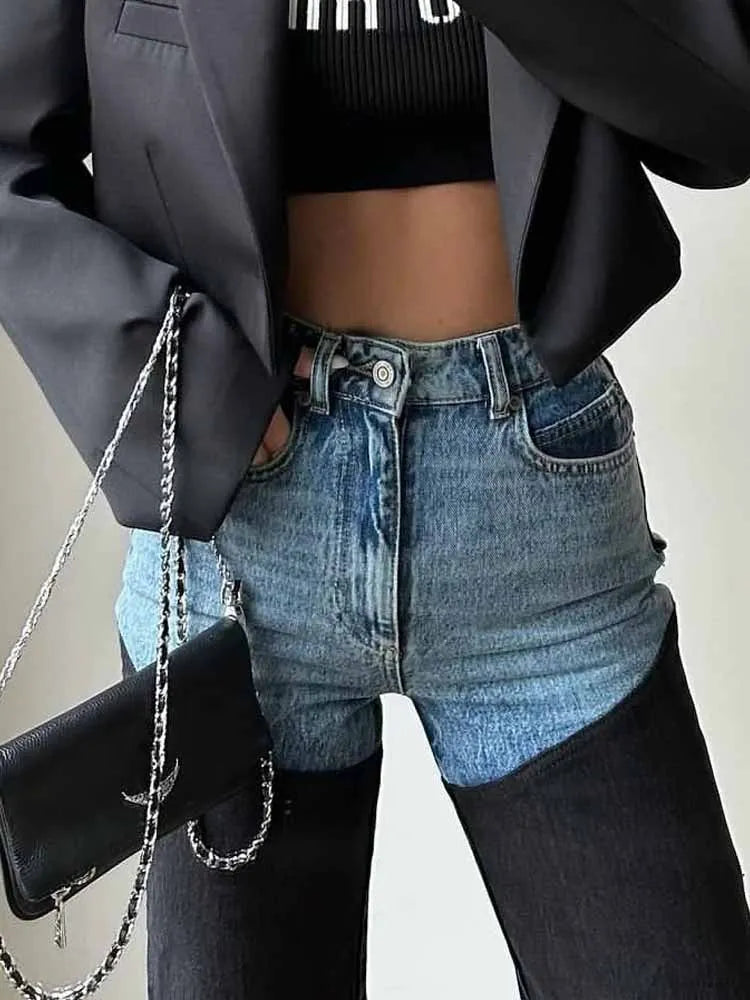 BKQU Contrast Patchwork Straight Jeans Women Vintage High Waist Washed Pocket Denim Trousers 2025 Spring Fashion Lady Streetwear
