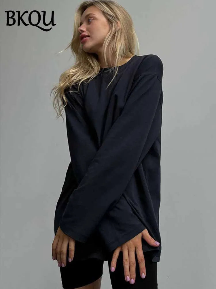 BKQU Solid Color Long Sleeve T Shirt Women Oversized Basic O-neck Cotton Tops Female Casual Soft Loose Pullover Tshirt 13 Colors