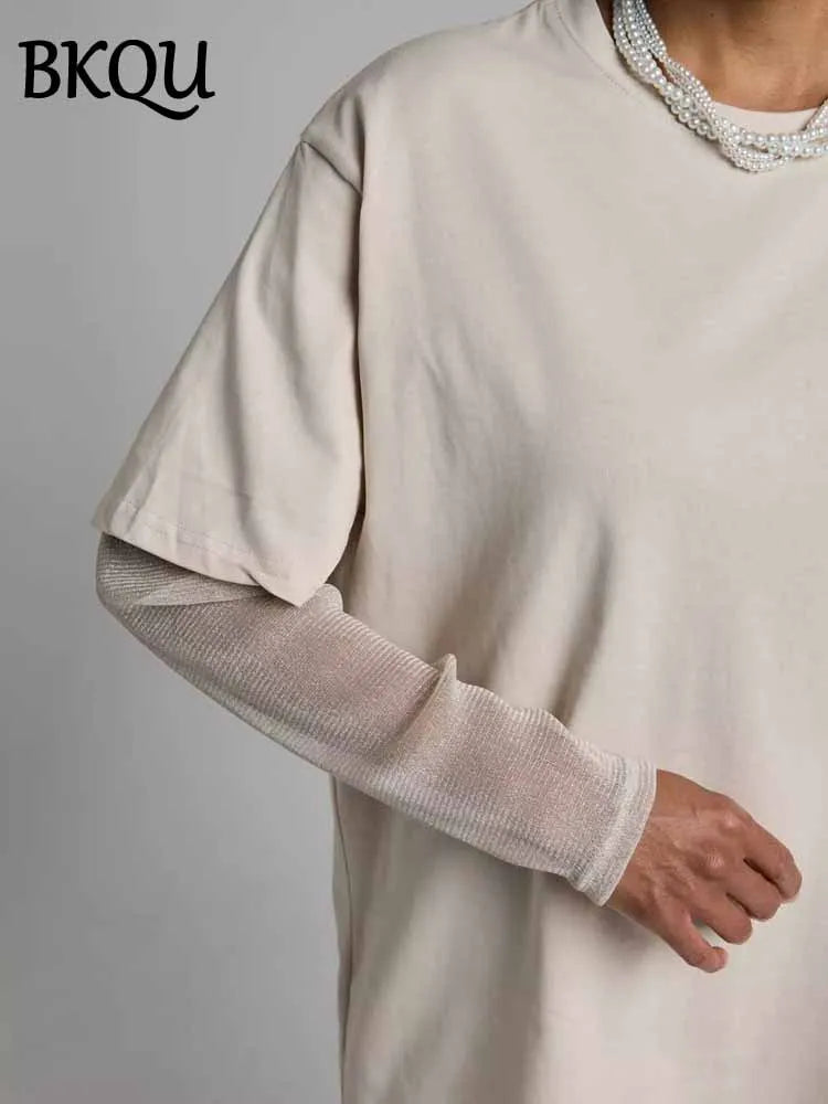 BKQU Summer Oversize T Shirt Women Cotton Patchwork Bright Mesh Long Sleeve Fake Two Pieces Top 2025 New Chic Female Street Tees