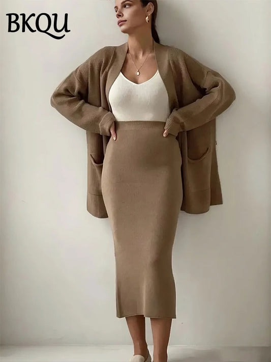 BKQU Elegant Knitted Skirt Two Piece Set Women V-neck Cardigan Coat Elastic Waist Bodycon Skirts Ladies Casual Warm Sweater Suit